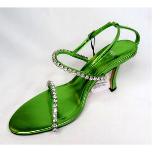 NWT Metallic Green ZARA 2-Strap Rhinestone Slingback Heeled Sandals Sz 8 EU 39